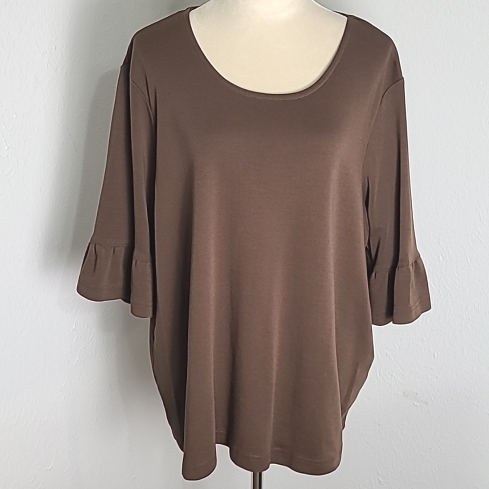 Blair Brown Top with 3/4 Ruffle Sleeves, Size 2X